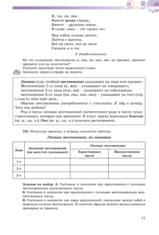 Я, ты, он, она -
Вместе целая страна,
Вместе - дружная семья.
В слове «мы» - сто тысяч «я».
Над тобою солнце светит,
Льётся с высоты.
Всё на свете, всё на свете
Сможем я и ты.
Р. Рождественский
На что указывают местоимения я, ты, он, она, мы: на предмет, признак
предмета или на количество?
Укажите значимые части выделенного слова.
(£3-^ Запишите первую строфу по памяти.
Личные (укр. особові) местоимения указывают на лицо или предмет.
Местоимения 1-го лица (я, мы) - указывают на говорящего;
местоимения 2-го лица (ты, вы) - указывают на собеседника;
местоимения 3-го лица (он, она, оно, они) - указывают на того (то),
о ком (о чём) идёт речь.
Обычно местоимения употребляются с глаголами: Я иду в школу.
Что ты видишь?
Род и число личных местоимений соответствуют роду и числу суще­
ствительных, которые они заменяют: В класс зашла новенькая девочка
(ж. р., ед. ч.). Она (ж. р., ед. ч.) казалась растерянной.
185. Используя правило, в тетради заполните таблицу.
Личные местоимения, их значения
Лицо
Значение местоимений
(на кого/что указывают)
Личные местоимения
Единственное
число
Множественное
число
1-е
2-е
3-е
Задание на выбор. А. Составьте и запишите три предложения с личными
местоимениями единственного числа.
Б. Составьте и запишите три предложения с личными местоимениями мно­
жественного числа.
В. Составьте и запишите две пары предложений, связанных между собой с
помощью личных местоимений. В качестве образца можете воспользоваться
примером из правила.
77
 