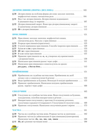 ДІЄПРИСЛІВНИК (ФОРМА ДІЄСЛОВА) . . . . . . . . . . . . . . . . . . . . . . . . . . . . . . . 103
§ 20 Дієприслівник як особлива форма дієслова: загальне значення,
морфологічні ознаки, синтаксична роль . . . . . . . . . . . . . . . . . . . . . . . . . . . . . . . 104
§ 21 Вид і час дієприслівників. Дієприслівники недоконаного
й доконаного виду, їх творення . . . . . . . . . . . . . . . . . . . . . . . . . . . . . . . . . . . . . . . . . . . . . . . 107
§ 22 Дієприслівниковий зворот. Коми при дієприслівниковому звороті
й одиничному дієприслівникові . . . . . . . . . . . . . . . . . . . . . . . . . . . . . . . . . . . . . . . 111
§ 23 Не з дієприслівниками . . . . . . . . . . . . . . . . . . . . . . . . . . . . . . . . . . . . . . . . . . . . . . . . 115
ПРИСЛІВНИК . . . . . . . . . . . . . . . . . . . . . . . . . . . . . . . . . . . . . . . . . . . . . . . . . . . . . . . . . . . . 121
§ 24 Прислівник: загальне значення, морфологічні ознаки,
синтаксична роль. Наголос у прислівниках . . . . . . . . . . . . . . . . . . . . . . . . . . . . 122
§ 25 Розряди прислівників (практично) . . . . . . . . . . . . . . . . . . . . . . . . . . . . . . . . . . . . 125
§ 26 Ступені порівняння прислівників. Способи творення прислівників . . . . 129
§ 27 Букви н та нн у прислівниках . . . . . . . . . . . . . . . . . . . . . . . . . . . . . . . . . . . . . . . . . 133
§ 28 Ні і не з прислівниками . . . . . . . . . . . . . . . . . . . . . . . . . . . . . . . . . . . . . . . . . . . . . . . 135
§ 29 І та и в кінці прислівників . . . . . . . . . . . . . . . . . . . . . . . . . . . . . . . . . . . . . . . . . . . . 137
§ 30 Правопис прислівників на о, е, утворених від прикметників
і дієприкметників . . . . . . . . . . . . . . . . . . . . . . . . . . . . . . . . . . . . . . . . . . . . . . . . . . . . . 139
§ 31 Написання прислівників разом і через дефіс . . . . . . . . . . . . . . . . . . . . . . . . . . . 141
§ 32 Написання прислівникових словосполучень на зразок:
раз у раз, з дня на день... . . . . . . . . . . . . . . . . . . . . . . . . . . . . . . . . . . . . . . . . . . . . 145
ПРИЙМЕННИК . . . . . . . . . . . . . . . . . . . . . . . . . . . . . . . . . . . . . . . . . . . . . . . . . . . . . . . . . . . 151
§ 33 Прийменник як службова частина мови. Прийменник як засіб
зв’язку слів у словосполученні й реченні . . . . . . . . . . . . . . . . . . . . . . . . . . . . . . 152
§ 34 Види прийменників за будовою. Непохідні й похідні прийменники . . . . 155
§ 35 Правопис прийменників. Написання похідних прийменників
разом, окремо і через дефіс . . . . . . . . . . . . . . . . . . . . . . . . . . . . . . . . . . . . . . . . . . . 160
СПОЛУЧНИК . . . . . . . . . . . . . . . . . . . . . . . . . . . . . . . . . . . . . . . . . . . . . . . . . . . . . . . . . . . . 165
§ 36 Сполучник як службова частина мови. Види сполучників за будовою,
походженням, способом використання в реченні . . . . . . . . . . . . . . . . . . . . . . . 166
§ 37 Використання сполучників у простому й складному реченнях:
сполучники сурядності й підрядності. Сполучники й сполучні слова . . . 169
§ 38 Правопис сполучників. Написання сполучників разом і окремо . . . . . . . 173
ЧАСТКА . . . . . . . . . . . . . . . . . . . . . . . . . . . . . . . . . . . . . . . . . . . . . . . . . . . . . . . . . . . . . . . . . . . 181
§ 39 Частка як службова частина мови. Розряди часток за значенням . . . . . . . 182
§ 40 Правопис часток (із займенниками й прислівниками) (повторення).
Написання часток бо, но, то, от, таки . . . . . . . . . . . . . . . . . . . . . . . . . . 188
§ 41 Не, ні з різними частинами мови . . . . . . . . . . . . . . . . . . . . . . . . . . . . . . . . . . . . . . 190
286
 