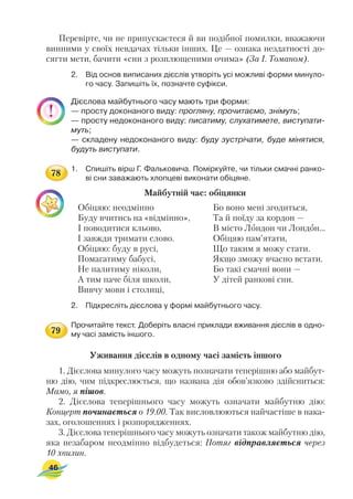 Перевірте, чи не припускаєтеся й ви подібної помилки, вважаючи
винними у своїх невдачах тільки інших. Це — ознака нездатності до
сягти мети, бачити «сни з розплющеними очима» (За І. Томаном).
2. Від основ виписаних дієслів утворіть усі можливі форми минуло
го часу. Запишіть їх, позначте суфікси.
Дієслова майбутнього часу мають три форми:
— просту доконаного виду: прогляну, прочитаємо, знімуть;
— просту недоконаного виду: писатиму, слухатимете, виступати
муть;
— складену недоконаного виду: буду зустрічати, буде мінятися,
будуть виступати.
1. Спишіть вірш Г. Фальковича. Поміркуйте, чи тільки смачні ранко
ві сни заважають хлопцеві виконати обіцяне.
Майбутній час: обіцянки
2. Підкресліть дієслова у формі майбутнього часу.
Прочитайте текст. Доберіть власні приклади вживання дієслів в одно
му часі замість іншого.
Уживання дієслів в одному часі замість іншого
1. Дієслова минулого часу можуть позначати теперішню або майбут
ню дію, чим підкреслюється, що названа дія обов’язково здійсниться:
Мамо, я пішов.
2. Дієслова теперішнього часу можуть означати майбутню дію:
Концерт починається о 19.00. Так висловлюються найчастіше в нака
зах, оголошеннях і розпорядженнях.
3. Дієслова теперішнього часу можуть означати також майбутню дію,
яка незабаром неодмінно відбудеться: Потяг відправляється через
10 хвилин.
46
Обіцяю: неодмінно
Буду вчитись на «відмінно»,
І поводитися кльово,
І завжди тримати слово.
Обіцяю: буду в русі,
Помагатиму бабусі,
Не палитиму ніколи,
А тим паче біля школи,
Вивчу мови і столиці,
Бо воно мені згодиться,
Та й поїду за кордон —
В місто Лондон чи Лондон...
Обіцяю пам’ятати,
Що таким я можу стати.
Якщо зможу вчасно встати.
Бо такі смачні вони —
У дітей ранкові сни.
78
79
 