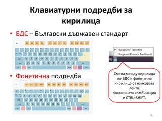 Клавиатурни подредби за кирилица БДС  – Български държавен стандарт Фонетична  подредба Смяна между кирилица по БДС и фонетична кирилица от езиковата лента. Клавишната комбинация е  CTRL+SHIFT . 