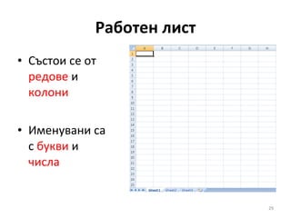 Работен лист Състои се от  редове  и  колони Именувани са с  букви  и  числа 