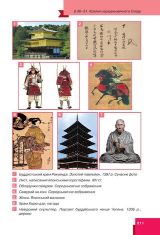 211
§ 30–31. Країни середньовічного Cходу
3 4
2
1
5 6 7
1. Буддистський храм Рокуондзі. Золотий павільйон, 1397 р. Сучасне фото
2. Лист, написаний японськими ієрогліфами. ХІV ст.
3. Обладунки самурая. Середньовічне зображення
4. Самурай на коні. Середньовічне зображення
5. Жінка. Японський малюнок
6. Храм Хорю-дзи, пагода
7. Невідомий скульптор. Портрет буддійського ченця Чогена. 1206 р.,
дерево
 