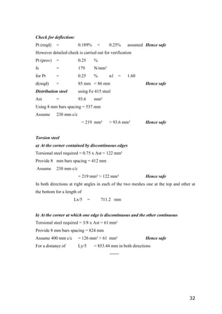 32
Check for deflection:
Pt (reqd) = 0.189% < 0.25% assumed Hence safe
However detailed check is carried out for verification
Pt (prov) = 0.25 %
fs = 179 N/mm²
for Pt = 0.25 % α1 = 1.60
d(reqd) = 85 mm < 86 mm Hence safe
Distribution steel using Fe 415 steel
Ast = 93.6 mm²
Using 8 mm bars spacing = 537 mm
Assume 230 mm c/c
= 219 mm² > 93.6 mm² Hence safe
Torsion steel
a) At the corner contained by discontinuous edges
Torsional steel required = 0.75 x Ast = 122 mm²
Provide 8 mm bars spacing = 412 mm
Assume 230 mm c/c
= 219 mm² > 122 mm² Hence safe
In both directions at right angles in each of the two meshes one at the top and other at
the bottom for a length of
Lx/5 = 711.2 mm
b) At the corner at which one edge is discontinuous and the other continuous
Torsional steel required = 3/8 x Ast = 61 mm²
Provide 8 mm bars spacing = 824 mm
Assume 400 mm c/c = 126 mm² > 61 mm² Hence safe
For a distance of Ly/5 = 853.44 mm in both directions
------
 