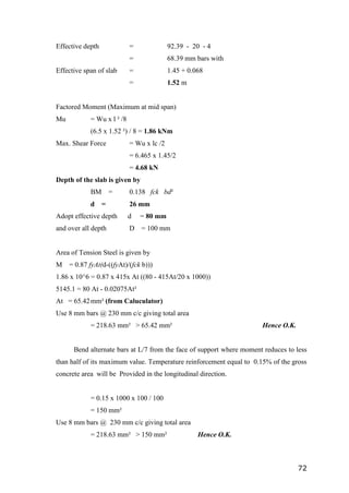 72
Effective depth = 92.39 - 20 - 4
= 68.39 mm bars with
Effective span of slab = 1.45 + 0.068
= 1.52 m
Factored Moment (Maximum at mid span)
Mu = Wu x l ² /8
(6.5 x 1.52 ²) / 8 = 1.86 kNm
Max. Shear Force = Wu x lc /2
= 6.465 x 1.45/2
= 4.68 kN
Depth of the slab is given by
BM = 0.138 fck bd²
d = 26 mm
Adopt effective depth d = 80 mm
and over all depth D = 100 mm
Area of Tension Steel is given by
M = 0.87 fyAt(d-((fyAt)/(fck b)))
1.86 x 10^6 = 0.87 x 415x At ((80 - 415At/20 x 1000))
5145.1 = 80 At - 0.02075At²
At = 65.42mm² (from Caluculator)
Use 8 mm bars @ 230 mm c/c giving total area
= 218.63 mm² > 65.42 mm² Hence O.K.
Bend alternate bars at L/7 from the face of support where moment reduces to less
than half of its maximum value. Temperature reinforcement equal to 0.15% of the gross
concrete area will be Provided in the longitudinal direction.
= 0.15 x 1000 x 100 / 100
= 150 mm²
Use 8 mm bars @ 230 mm c/c giving total area
= 218.63 mm² > 150 mm² Hence O.K.
 