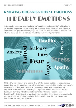 11 DEADLY EMOTIONS
Like people, organisations also have an "emotional and social life", which has a
paramount impact on the success of the company. Some emotions, the "dynamic
emotions", are good for the company. But there are also bad ones; In several TMI
studies made for clients we have revealed eleven "deadly emotions".
THE EI ORGANISATION PART 3/7
While the emotional and social life of the organisation is experienced
every day by the employees and sometimes even visible to the company's
customers, it is often invisible to management and consequently
difficult or impossible to manage. Organisational awareness is the
basis for turning "deadly emotions" into "dynamic emotions".
Emotionally intelligent organisations monitor these emotions regularly
so that negative trends in their development can be registered and
addressed as early as possible.
Fear
Anger
Selfishness
Greed
Anxiety
Jealousy
Envy
Hatred
Stress
Apathy
Hostility
TMI Training und Consulting GmbH, Markt 23-27, 53111 Bonn
KNOWING ORGANISATIONAL EMOTIONS
 