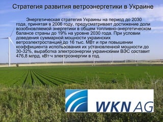 Стратегия развития ветроэнергетики в Украине Энергетическая стратегия Украины на период до 2030 года, принятая в 2006 году, предусматривает достижение доли возобновляемой энергетики в общем топливно-энергетическом балансе страны до 19% на уровне 2030 года. При условии доведения суммарной мощности украинских ветроэлектростанций до 16 тыс. МВт и при повышении коэффициента использования их установленной мощности до 30-32%, выработка электроэнергии украинскими ВЭС составит 476,8 млрд. кВт·ч электроэнергии в год. 