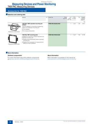 Measuring Devices and Power Monitoring
7KM PAC Measuring Devices
Accessories for 7KM PAC
10 Siemens · 2012
* You can order this quantity or a multiple thereof.
■Selection and ordering data
Z
■More information
Software components
For more information about the software components
go to www.siemens.com/lowvoltage/powermonitoring
More information
More information is available on the Internet at:
www.siemens.com/lowvoltage/powermonitoring
Version DT Order No. Price
per PU
PU
(UNIT,
SET, M)
PS*/
P. unit
PG Weight
per PU
approx.
kg
7KM9 900-0XA00-0AA0
7KM PAC TMP2 standard mounting rail
adapter
Two-tier adapter for mounting a measuring
device on a standard mounting rail
• Front display
• For manual intervention
7KM9 900-0XA00-0AA0 1 1 unit 133 0.401
7KM9 900-0YA00-0AA0
7KM PAC TMP mounting plate
Adapter for mounting a measuring device on
standard mounting rail
• Display faces backwards toward standard
mounting rail
• Readout and evaluation of measurements
solely via mains operation
7KM9 900-0YA00-0AA0 1 1 unit 133 0.140
© Siemens AG 2012
 