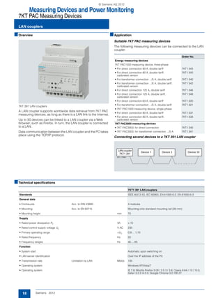 Measuring Devices and Power Monitoring
7KT PAC Measuring Devices
LAN couplers
18 Siemens · 2012
■Overview
7KT 391 LAN couplers
A LAN coupler supports worldwide data retrieval from 7KT PAC
measuring devices, as long as there is a LAN link to the Internet.
Up to 30 devices can be linked to a LAN coupler via a Web
browser, such as Firefox. In turn, the LAN coupler is connected
to a LAN.
Data communication between the LAN coupler and the PC takes
place using the TCP/IP protocol.
■Application
Suitable 7KT PAC measuring devices
The following measuring devices can be connected to the LAN
coupler:
Connecting several devices to a 7KT 391 LAN coupler
■Technical specifications
Order No.
Energy measuring devices
7KT PAC1500 measuring device, three-phase
• For direct connection 80 A, double tariff 7KT1 543
• For direct connection 80 A, double tariff,
calibrated version
7KT1 545
• For transformer connection .../5 A, double tariff 7KT1 540
• For transformer connection .../5 A, double tariff,
calibrated version
7KT1 542
• For direct connection 125 A, double tariff 7KT1 546
• For direct connection 125 A, double tariff,
calibrated version
7KT1 548
• For direct connection 63 A, double tariff 7KT1 520
• For transformer connection .../5 A, double tariff 7KT1 521
• 7KT PAC1500 measuring device, single-phase
• For direct connection 80 A, double tariff 7KT1 531
• For direct connection 80 A, double tariff,
calibrated version
7KT1 533
7KT PAC3000 measuring devices
• 7KT PAC3000, for direct connection 7KT1 340
• 7KT PAC3000, for transformer connection .../5 A 7KT1 341
I201_11596c
Device 1 Device 2
LAN coupler
7KT1 391
Device 30
7KT1 391 LAN couplers
Standards IEEE 802.3 AS, IEC 60950, EN 61000-6-2, EN 61000-6-3
General data
• Enclosures Acc. to DIN 43880 4 modules
• Mounting Acc. to EN 60715 Mounting onto standard mounting rail (35 mm)
• Mounting height mm 70
Supply
• Rated power dissipation Pv VA ≤ 10
• Rated control supply voltage Uc V AC 230
• Primary operating range ×Uc 0.9 ... 1.10
• Rated frequency Hz 50
• Frequency ranges Hz 45 ... 65
Function
• System start Automatic upon switching on
• LAN server identification Over the IP address of the PC
• Transmission rate Limitation by LAN Mbit/s 100
• Operating system Windows XP/Vista/7
• Operating system IE 7,8; Mozilla Firefox 3.09 / 3.5.3 / 3.6; Opera 9.64 / 10 / 10.5;
Safari 3.2.2 /4.0.5; Google Chrome 3.0.195.27.
© Siemens AG 2012
 
