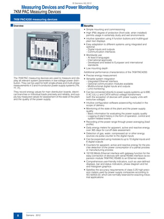 Measuring Devices and Power Monitoring
7KM PAC Measuring Devices
7KM PAC4200 measuring devices
8 Siemens · 2012
■Overview
The 7KM PAC measuring devices are used to measure and dis-
play all relevant system parameters in low-voltage power distri-
bution. They can be used for both single-phase and multi-phase
measurements in 3 and 4-conductor power supply systems (TN,
TT, IT).
They record energy values for main distribution boards, electri-
cal branches or individual loads precisely and reliably, and sup-
ply key measured values for assessment of the state of the plant
and the quality of the power supply.
■Benefits
• Simple mounting and commissioning
• High IP65 degree of protection (front side, when installed)
permits usage in extremely dusty and wet environments
• Intuitive operation using 4 function buttons and multilingual
plain text displays
• Easy adaptation to different systems using integrated and
optional
- Digital inputs and outputs
- Communication interfaces
• Worldwide use
- At least 8 languages
- International approvals
- Developed and tested to European and international
standards
• Low mounting depth
Additional performance characteristics of the 7KM PAC4200:
• Precise energy measurement
• Versatile system integration
- Integrated Ethernet interface
- Optional communication modules available
- Multifunctional digital inputs and outputs
- Limit monitoring
• Can be connected directly to power supply systems up to 690
V AC (UL-L) and CATIII without voltage transformers
(with the exception of devices with power supply units with
extra-low voltage)
• Intuitive configuration software powerconfig included in the
scope of delivery
• Monitoring of the state of the plant and the power supply
quality
- Basic information for evaluating the power supply quality
- Logging of plant history in the form of operation, control and
system-related events
• Recording of the power range through power averaging (load
profile)
• Daily energy meters for apparent, active and reactive energy
over 365 days for cut-off date assessment
• Detection of gas, water, compressed air or other energy
sources via pulse counter to the digital inputs
• Can be expanded using modules to up to 10 digital inputs and
6 digital outputs
• Counters for apparent, active and reactive energy for the pre-
cise detection of the power consumption of a partial process
or manufacturing process
• 10/100 Mbit/s Ethernet interface with gateway function for the
easy connection of devices with serial RS485 interface via ex-
pansion module 7KM PAC RS485 to an Ethernet network
• Comprehensive user-friendly indicators, such as user-defined
displays, bar and status indicators, phase diagram and list
and histogram graphics
• Satisfies the accuracy requirements of class 0.2S high-preci-
sion meters used by power supply companies according to
IEC 62053-22, which are normally reserved for exacting indus-
trial applications
© Siemens AG 2012
 