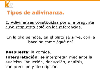 E. Adivinanzas constituidas por una pregunta
cuya respuesta está en las referencias.
En la olla se hace, en el plato se sirve, con la
boca se come ¿qué es?
Respuesta: la comida.
Interpretación: se interpretan mediante la
audición, inducción, deducción, análisis,
comprensión y descripción.
 