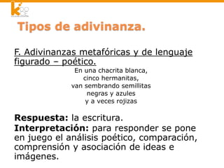 F. Adivinanzas metafóricas y de lenguaje
figurado – poético.
En una chacrita blanca,
cinco hermanitas,
van sembrando semillitas
negras y azules
y a veces rojizas
Respuesta: la escritura.
Interpretación: para responder se pone
en juego el análisis poético, comparación,
comprensión y asociación de ideas e
imágenes.
 