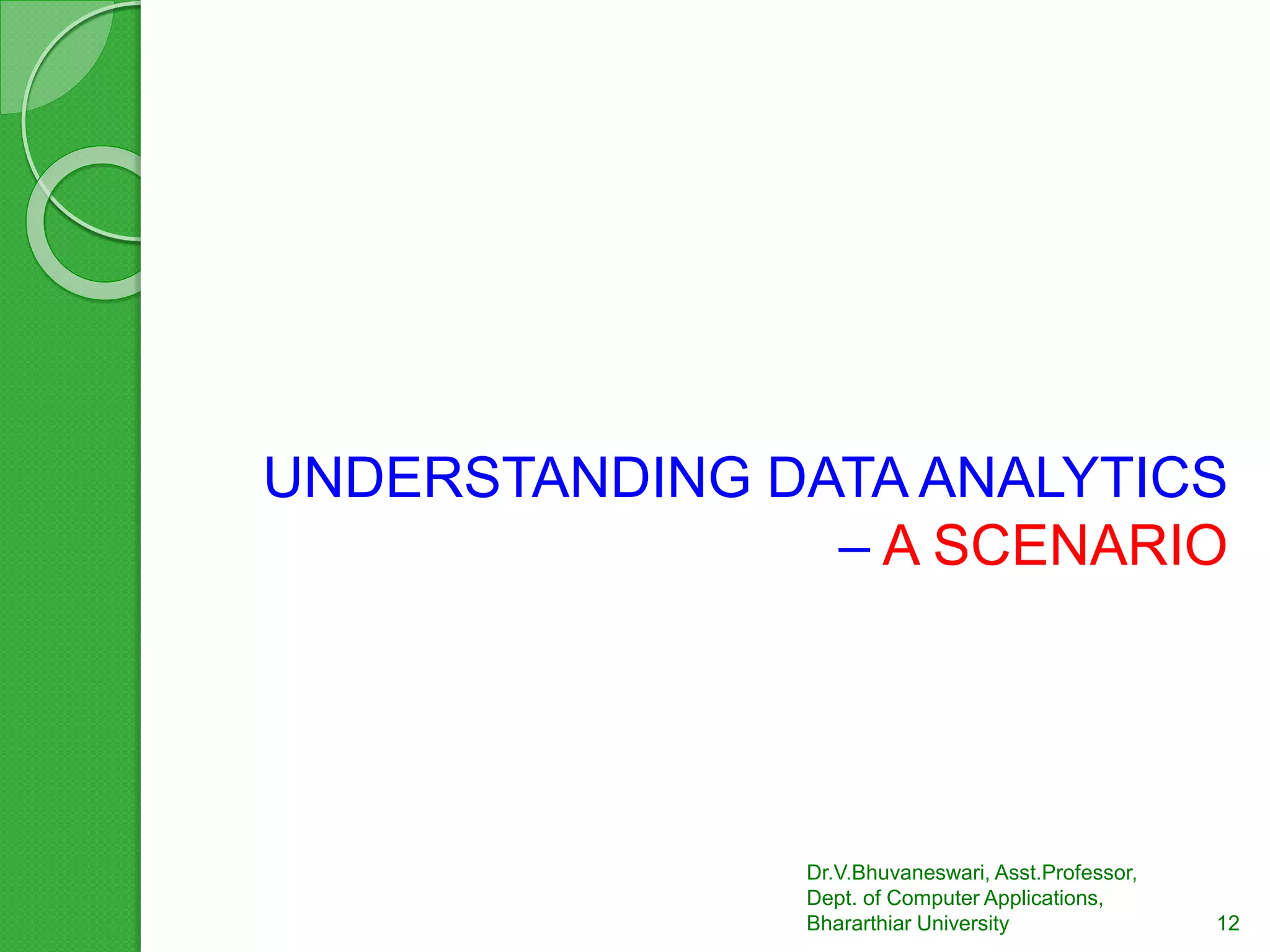 UNDERSTANDING DATA ANALYTICS
– A SCENARIO
Dr.V.Bhuvaneswari, Asst.Professor,
Dept. of Computer Applications,
Bhararthiar University 12
 