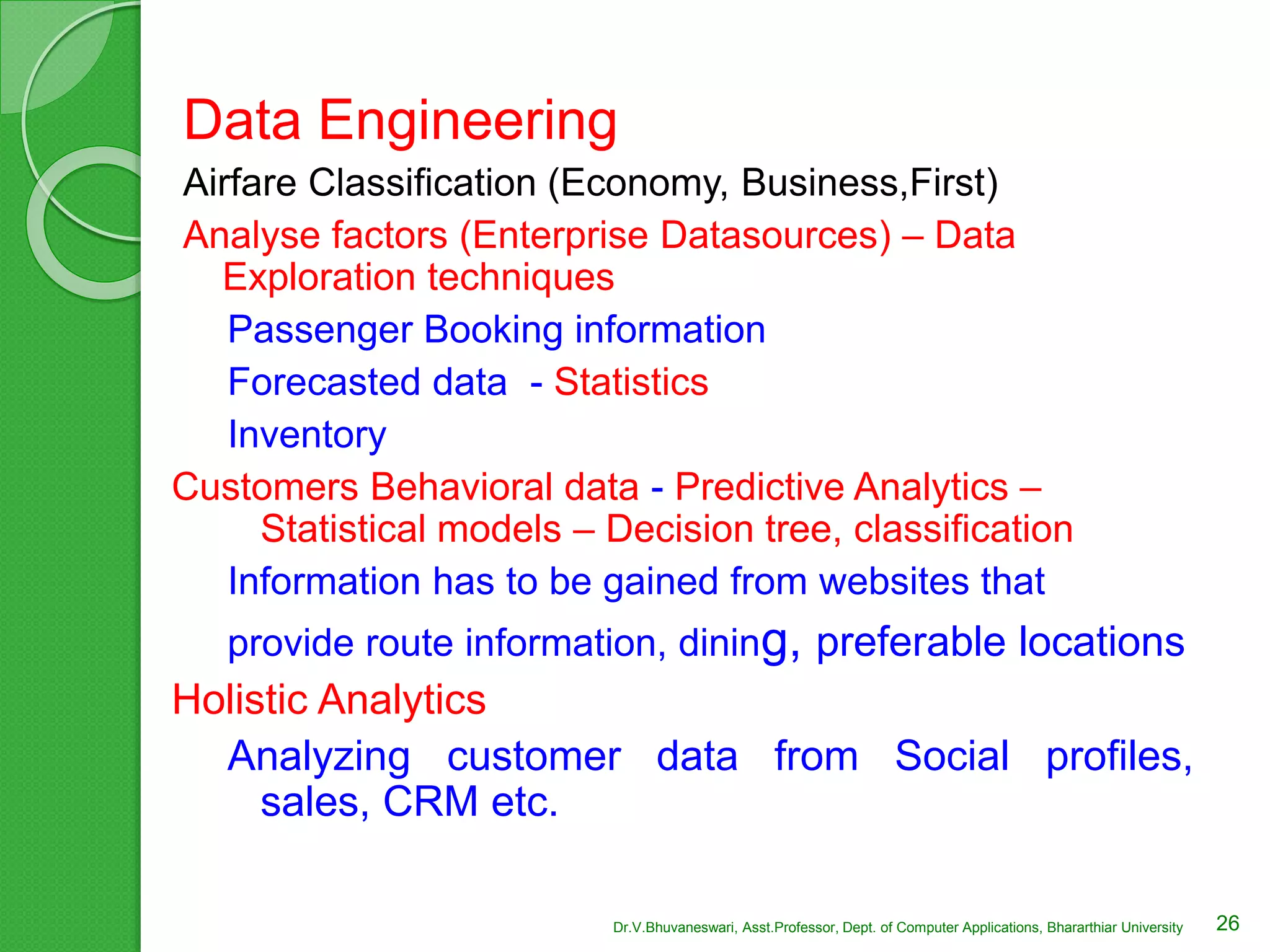 Data Engineering
Airfare Classification (Economy, Business,First)
Analyse factors (Enterprise Datasources) – Data
Exploration techniques
Passenger Booking information
Forecasted data - Statistics
Inventory
Customers Behavioral data - Predictive Analytics –
Statistical models – Decision tree, classification
Information has to be gained from websites that
provide route information, dining, preferable locations
Holistic Analytics
Analyzing customer data from Social profiles,
sales, CRM etc.
26Dr.V.Bhuvaneswari, Asst.Professor, Dept. of Computer Applications, Bhararthiar University
 