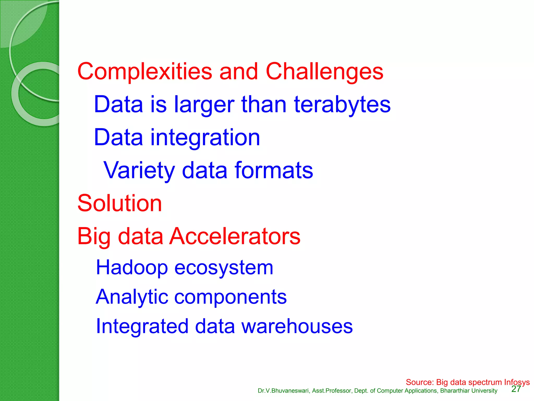 Complexities and Challenges
Data is larger than terabytes
Data integration
Variety data formats
Solution
Big data Accelerators
Hadoop ecosystem
Analytic components
Integrated data warehouses
Source: Big data spectrum Infosys
27Dr.V.Bhuvaneswari, Asst.Professor, Dept. of Computer Applications, Bhararthiar University
 