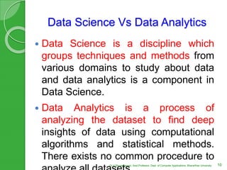 Data Science Vs Data Analytics
 Data Science is a discipline which
groups techniques and methods from
various domains to study about data
and data analytics is a component in
Data Science.
 Data Analytics is a process of
analyzing the dataset to find deep
insights of data using computational
algorithms and statistical methods.
There exists no common procedure to
10Dr.V.Bhuvaneswari, Asst.Professor, Dept. of Computer Applications, Bhararthiar University
 