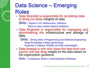 Data Science – Emerging
Roles
 Data Scientist is responsible for scrubbing data
to bring out deep insights of data
Skills : Expert in CS, Mathematics, Statistics
Work on open ended research problems
 Data Engineer is responsible for managing and
administering the infrastructure and storage of
data.
Skills : Strong skills in Programming and Software Engineering
 Deep Knowledge in Data warehousing
 Expertise in Hadoop, NOSQL and SQL technologies
 Data Analyst is one who views the data from one
source and has deep insight on the data based on
the organization guidance.
Skills : Competency Skills in understanding of Statistics
22Dr.V.Bhuvaneswari, Asst.Professor, Dept. of Computer Applications, Bhararthiar University
 