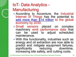 IoT- Data Analytics -
Manufacturing
 According to Accenture, the Industrial
Internet of Things has the potential to
add more than $14 trillion to the global
economy by 2030.
 Small sensors placed on complex
machinery emit performance data that
can be used to adjust scheduled
maintenance.
 With this functionality, industries such as
energy and oil extraction are now able to
predict and mitigate equipment failures,
significantly reducing downtime,
increasing site safety, and cutting costs.
Dr.V.Bhuvaneswari, Asst.Professor, Dept. of Computer Applications, Bhararthiar University 35
 