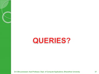 Dr.V.Bhuvaneswari, Asst.Professor, Dept. of Computer Applications, Bhararthiar University 37
 