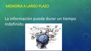 MEMORIA A LARGO PLAZO
La información puede durar un tiempo
indefinido.
 