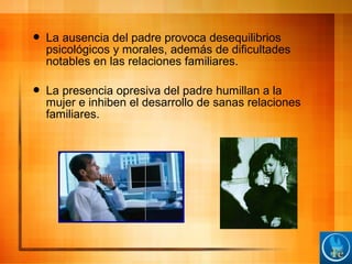  La ausencia del padre provoca desequilibrios
psicológicos y morales, además de dificultades
notables en las relaciones familiares.
 La presencia opresiva del padre humillan a la
mujer e inhiben el desarrollo de sanas relaciones
familiares.
 