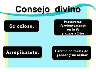 Consejo  divinoPerseverar fervientemente en la fe y amor a DiosSe celoso.Cambio de forma de pensar y de actuarArrepiéntete.