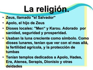 La religión. Zeus, llamado "el Salvador” Apolo, el hijo de ZeusDioses locales: "Men“ y Karou. Adorado  por sanidad, seguridad y prosperidad.Usaban la luna creciente como símbolo. Como dioses lunares, tenían que ver con el mas allá, la fertilidad agrícola, y la protección de tumbasTenían templos dedicados a Apolo, Hades, Era, Atenea, Serapis, Dionisio y otras deidades 