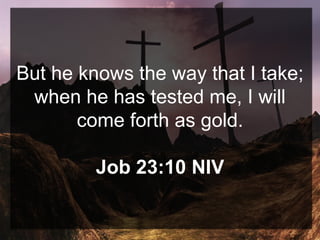But he knows the way that I take;
when he has tested me, I will
come forth as gold.
Job 23:10 NIV
 