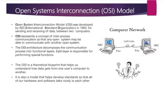 Open Systems Interconnection (OSI) Model
• Open System Interconnection Model (OSI) was developed
by ISO (International Standard Organization) in 1983, for
sending and receiving of data, between two computers.
• OSI represents a concept of intel process
communication so that any open system may be
able to communicate with another open system.
• The OSI architecture decomposes the communication
process into functional layers. Each layer is responsible for
performing special functions.
• The OSI is a theoretical blueprint that helps us
understand how data gets from one user’s computer to
another.
• It is also a model that helps develop standards so that all
of our hardware and software talks nicely to each other
 