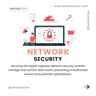 www.infosectrain.com
@infosectrain #
l
e
a
r
n
t
o
r
i
s
e
Securing the digital highway! Network security controls
manage and monitor data traffic, preventing unauthorized
access and potential cyberattacks.
NETWORK
SECURITY
 