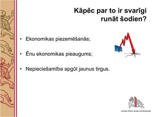 Kāpēc par to ir svarīgi
                             runāt šodien?

• Ekonomikas piezemēšanās;

• Ēnu ekonomikas pieaugums;

• Nepieciešamība apgūt jaunus tirgus.
 