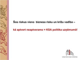 Šos riskus vieno biznesa risku un krīžu vadība –

kā aptvert neaptveramo = KSA politika uzņēmumā!
 