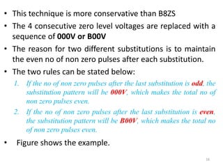 • This technique is more conservative than B8ZS
• The 4 consecutive zero level voltages are replaced with a
sequence of 000V or B00V
• The reason for two different substitutions is to maintain
the even no of non zero pulses after each substitution.
• The two rules can be stated below:
1. If the no of non zero pulses after the last substitution is odd, the
substitution pattern will be 000V, which makes the total no of
non zero pulses even.
2. If the no of non zero pulses after the last substitution is even,
the substitution pattern will be B00V, which makes the total no
of non zero pulses even.
• Figure shows the example.
16
 