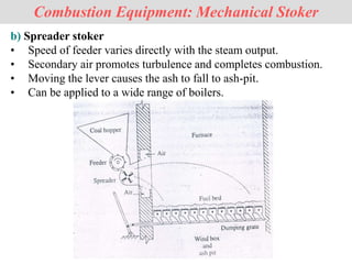Combustion Equipment: Mechanical Stoker
b) Spreader stoker
• Speed of feeder varies directly with the steam output.
• Secondary air promotes turbulence and completes combustion.
• Moving the lever causes the ash to fall to ash-pit.
• Can be applied to a wide range of boilers.
 