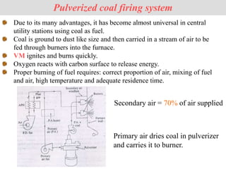 Due to its many advantages, it has become almost universal in central
utility stations using coal as fuel.
Coal is ground to dust like size and then carried in a stream of air to be
fed through burners into the furnace.
VM ignites and burns quickly.
Oxygen reacts with carbon surface to release energy.
Proper burning of fuel requires: correct proportion of air, mixing of fuel
and air, high temperature and adequate residence time.
Pulverized coal firing system
Secondary air = 70% of air supplied
Primary air dries coal in pulverizer
and carries it to burner.
 