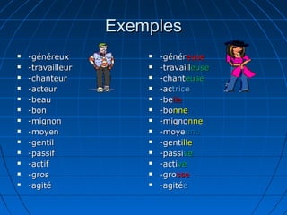 Exemples
   -généreux             -généreuse
   -travailleur          -travailleuse
   -chanteur             -chanteuse
   -acteur               -actrice
   -beau                 -belle
   -bon                  -bonne
   -mignon               -mignonne
   -moyen                -moyenne
   -gentil               -gentille
   -passif               -passive
   -actif                -active
   -gros                 -grosse
   -agité                -agitée
 