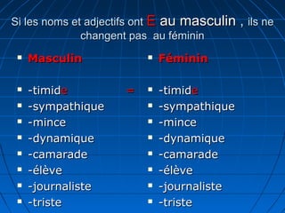 Si les noms et adjectifs ont E au masculin   , ils ne
              changent pas au féminin
    Masculin               Féminin

    -timide         =      -timide
    -sympathique           -sympathique
    -mince                 -mince
    -dynamique             -dynamique
    -camarade              -camarade
    -élève                 -élève
    -journaliste           -journaliste
    -triste                -triste
 