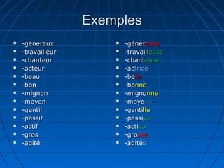 Exemples
   -généreux             -généreuse
   -travailleur          -travailleuse
   -chanteur             -chanteuse
   -acteur               -actrice
   -beau                 -belle
   -bon                  -bonne
   -mignon               -mignonne
   -moyen                -moyenne
   -gentil               -gentille
   -passif               -passive
   -actif                -active
   -gros                 -grosse
   -agité                -agitée
 