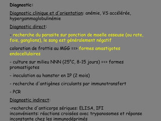 Diagnostic:
Diagnostic clinique et d'orientation: anémie, VS accélérée,
hypergammaglobulinémie
Diagnostic direct:
- recherche du parasite sur ponction de moelle osseuse (ou rate,
foie, ganglions), le sang est généralement négatif
coloration de frottis au MGG ==> formes amastigotes
endocellulaires
- culture sur milieu NNN (25°C, 8-15 jours) ==> formes
promastigotes
- inoculation au hamster en IP (2 mois)
- recherche d'antigènes circulants par immunotransfert
- PCR
Diagnostic indirect:
-recherche d'anticorps sériques: ELISA, IFI
inconvénients: réactions croisées avec trypanosomes et réponse
inconstante chez les immunodéprimés
 