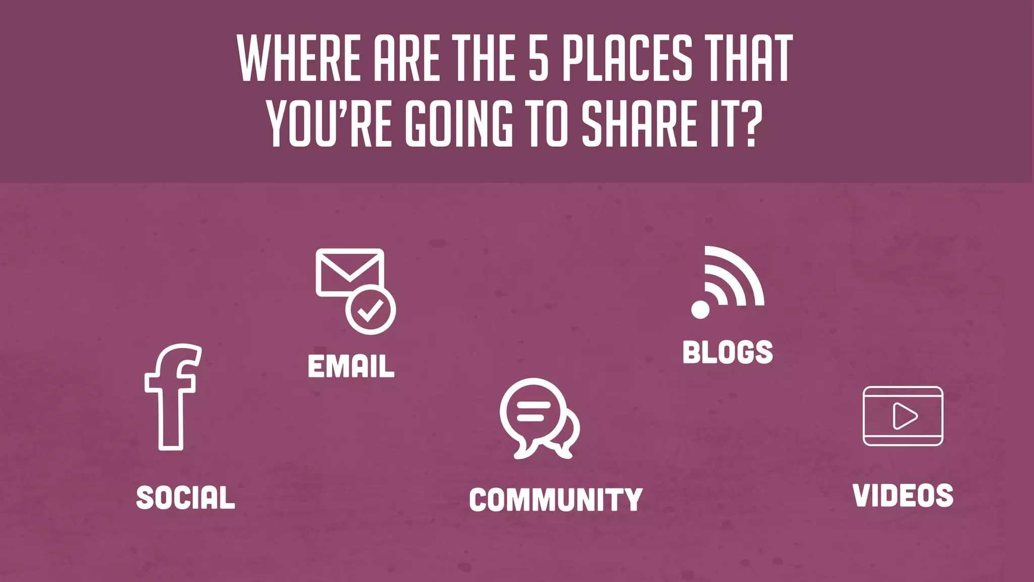 Where are the 5 places that
you’re going to share it?
social
email
community
blogs
videos
 
