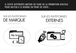 IL EXISTE DIFFÉRENTS MOYENS DE FAIRE DE LA PROMOTION DIGITALE
 POUR INCITER À SE RENDRE EN POINT DE VENTE :




     1.
SUR LES PLATEFORMES                SUR LES PLATEFORMES
DE MARQUE                               EXTERNES


       My brand
                                                       SMS

               %
 