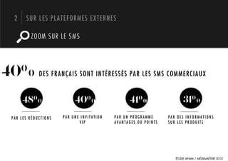 2    SUR LES PLATEFORMES EXTERNES

          ZOOM SUR LE SMS




40% DES FRANÇAIS SONT INTÉRESSÉS PAR LES SMS COMMERCIAUX
       48%                  40%                   41%                    31%
  PAR LES RÉDUCTIONS   PAR UNE INVITATION   PAR UN PROGRAMME      PAR DES INFORMATIONS
                              VIP           AVANTAGES OU POINTS   SUR LES PRODUITS




                                                                     ÉTUDE AFMM / MÉDIAMÉTRIE 2010
 