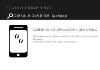 2   SUR LES PLATEFORMES EXTERNES

     ZOOM SUR LES COMPARATEURS (Type Prixing)



                   COHÉRENCE, CONTEXTUALISATION, GRAND PUBLIC


     %             Cible les personnes qui sont dans une démarche de recherche, de comparaison et
                   de shopping
                   Permet d’aider au choix et de susciter l’achat d’impulsion
 