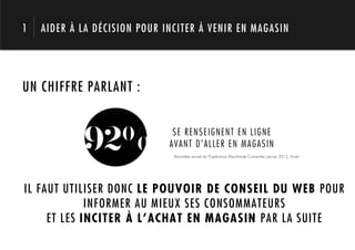 1   AIDER À LA DÉCISION POUR INCITER À VENIR EN MAGASIN




UN CHIFFRE PARLANT :



       92%                     SE RENSEIGNENT EN LIGNE
                              AVANT D’ALLER EN MAGASIN
                               Baromètre annuel de l’Expérience Marchande Connectée, Janvier 2012, Vivaki




    70%
IL FAUT UTILISER DONC LE POUVOIR DE CONSEIL DU WEB POUR
             INFORMER AU MIEUX SES CONSOMMATEURS
     ET LES INCITER À L’ACHAT EN MAGASIN PAR LA SUITE
 