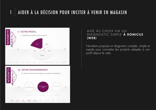 1   AIDER À LA DÉCISION POUR INCITER À VENIR EN MAGASIN


                                    AIDE AU CHOIX VIA UN
                                    DIAGNOSTIC SIMPLE À DOMICILE
                                    (WEB)

                                   Noviderm propose un diagnostic complet, simple et
                                   rapide pour connaître les produits adaptés à son
                                   proﬁl depuis le web.
 