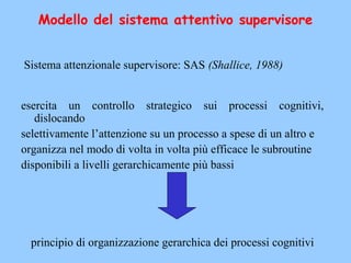 Sistema attenzionale supervisore: SAS (Shallice, 1988)
esercita un controllo strategico sui processi cognitivi,
dislocando
selettivamente l’attenzione su un processo a spese di un altro e
organizza nel modo di volta in volta più efficace le subroutine
disponibili a livelli gerarchicamente più bassi
principio di organizzazione gerarchica dei processi cognitivi
Modello del sistema attentivo supervisore
 