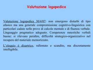 Valutazione logopedica 30/4/07: non emergono disturbi di tipo
afasico ma una generale compromissione cognitivo-linguistica con
particolari cadute nelle prove di calcolo mentale e di fluenza verbale.
Linguaggio pragmatico adeguato. Competenze mnestiche verbali
buone: si rilevano peraltro, difficoltà strategico-organizzativo nel
recupero del materiale memorizzato.
L’eloquio è disartrico, rallentato e scandito, ma discretamente
intelligibile.
Valutazione logopedica
 