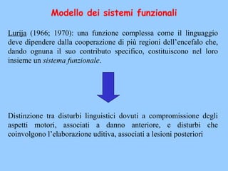 Modello dei sistemi funzionali
Lurija (1966; 1970): una funzione complessa come il linguaggio
deve dipendere dalla cooperazione di più regioni dell’encefalo che,
dando ognuna il suo contributo specifico, costituiscono nel loro
insieme un sistema funzionale.
Distinzione tra disturbi linguistici dovuti a compromissione degli
aspetti motori, associati a danno anteriore, e disturbi che
coinvolgono l’elaborazione uditiva, associati a lesioni posteriori
 