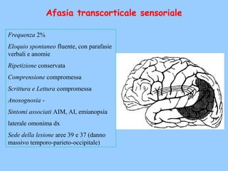 Afasia transcorticale sensoriale
Frequenza 2%
Eloquio spontaneo fluente, con parafasie
verbali e anomie
Ripetizione conservata
Comprensione compromessa
Scrittura e Lettura compromessa
Anosognosia -
Sintomi associati AIM, AI, emianopsia
laterale omonima dx
Sede della lesione aree 39 e 37 (danno
massivo temporo-parieto-occipitale)
 