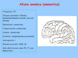 Afasia anomica (amnestica)
Frequenza: 5%
Eloquio spontaneo: fluente,
grammaticalmente corretto, ma con
anomie
Ripetizione: conservata
Comprensione: conservata
Lettura: conservata
Scrittura: compromessa con anomie
Anosognosia +
Sintomi associati: AIM, AI
Sede della lesione: aree 39, 37, con
danno lieve
 
