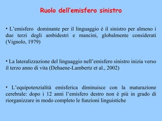 Ruolo dell’emisfero sinistro
• L’emisfero dominante per il linguaggio è il sinistro per almeno i
due terzi degli ambidestri e mancini, globalmente considerati
(Vignolo, 1979)
• La lateralizzazione del linguaggio nell’emisfero sinistro inizia verso
il terzo anno di vita (Dehaene-Lambertz et al., 2002)
• L’equipotenzialità emisferica diminuisce con la maturazione
cerebrale: dopo i 12 anni l’emisfero destro non è più in grado di
riorganizzare in modo completo le funzioni linguistiche
 